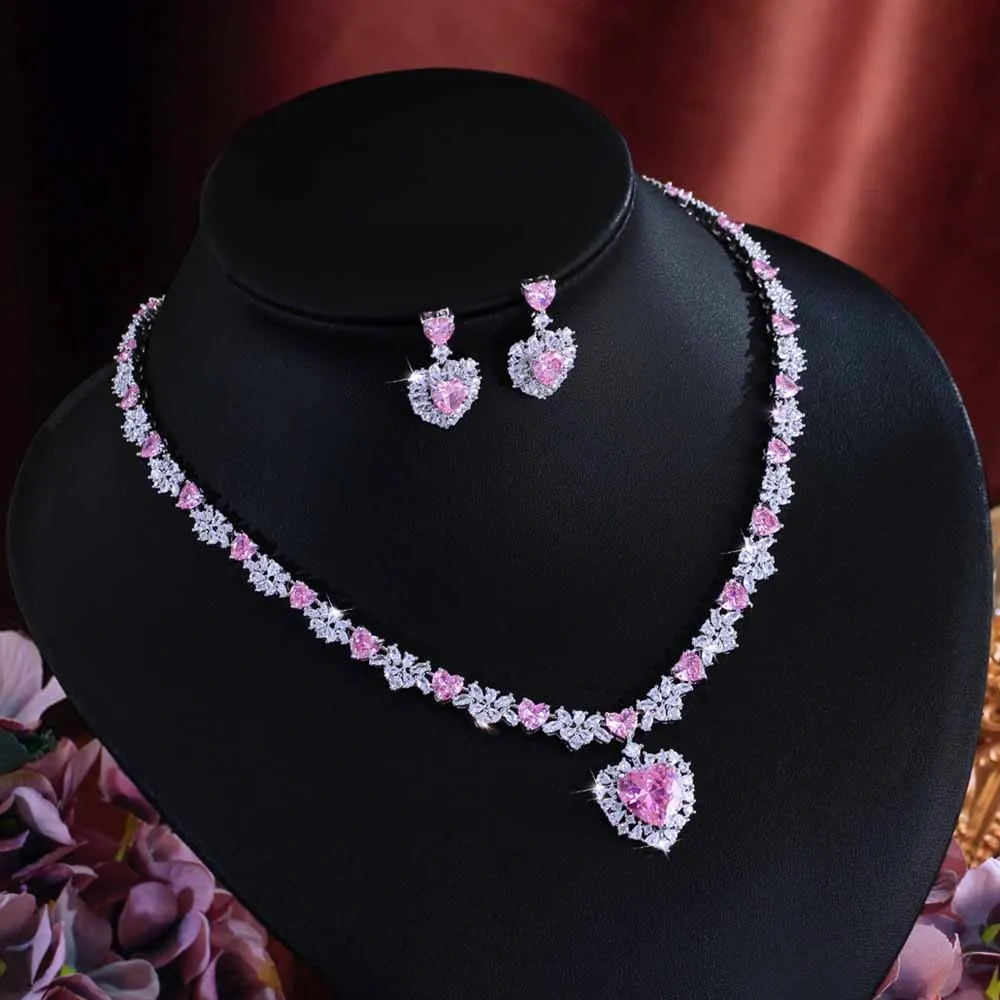 2-Piece Copper Jewelry Set Luxurious Romantic Pink Cubic Zirconia Heart Pendant Necklace Earrings Set Women's Wedding Party Banquet Jewelry