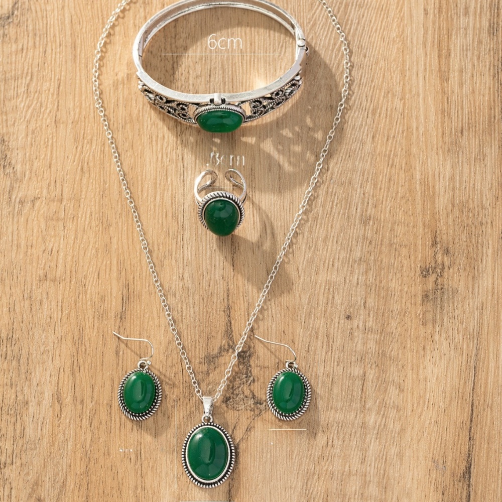Luxury European And American Natural Gemstone Emerald Jewelry Set Necklace Earrings Ring Bracelet Vintage Alloy Women's Accessories