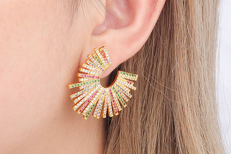 Exaggerated Geometric Mixed Color Zircon Inlaid Gold Plated Earrings Fashionable Personality U-Shaped Jewelry Accessories