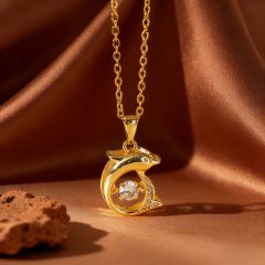 X0875 [Copper Pendant] Lively Dolphin - Necklace - Gold