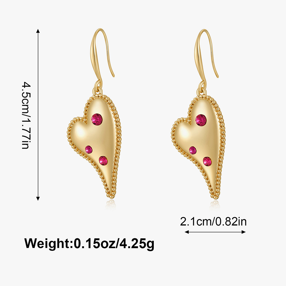 Red Heart Diamond Embedded Pendant Earrings Luxury Trendy Drop Ear Jewelry Geometric Pattern Simple Style For Women