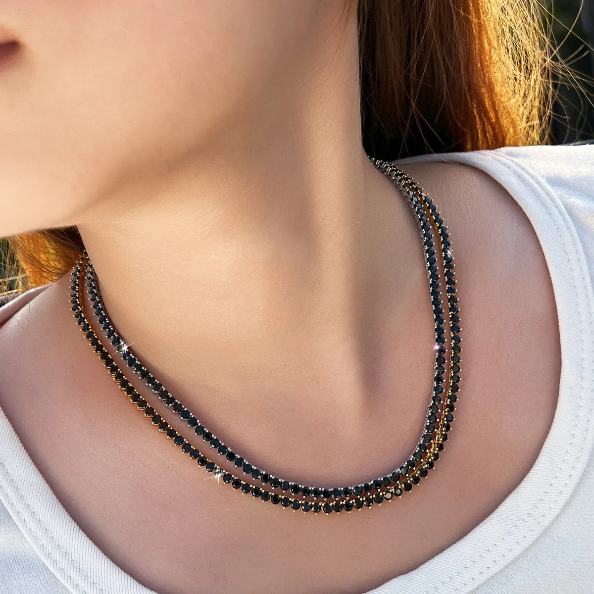 Rhodium Plated Copper Water Plated Zircon Geometric Pattern (Jewelry) Waterproof Non-Fading Tennis Chain (Full Diamond Chain) Necklace For Women With Butterfly Clasp