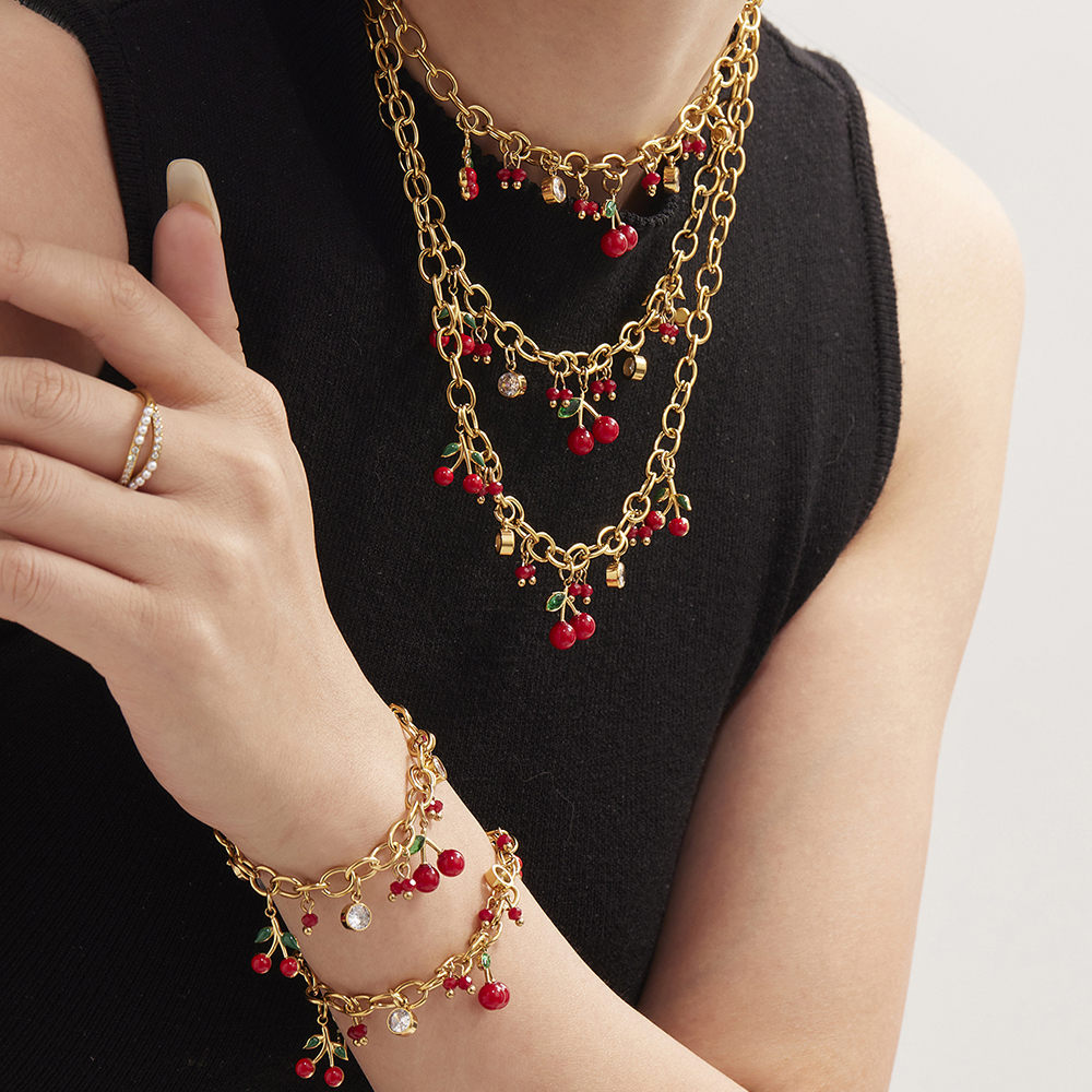 Stainless Steel Cherry Red Pearl Zirconia 18K Gold Plated Bracelet Necklace Set Versatile Personality Jewelry Accessories