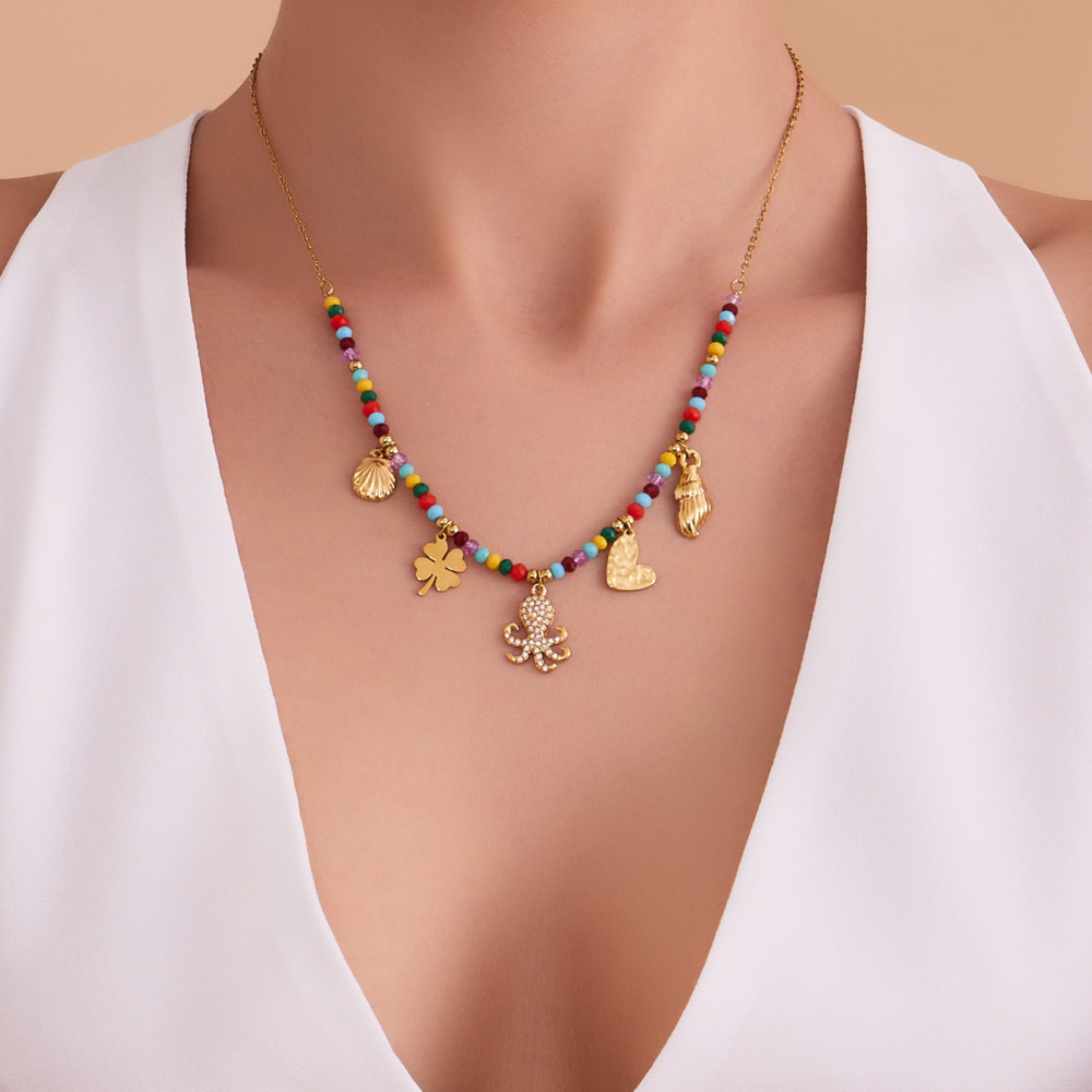 Stainless Steel Multi-Color Beads Necklace DIY Octopus Zircon Shell Heart Pendant Clavicle Chain Luxury Jewelry Accessories