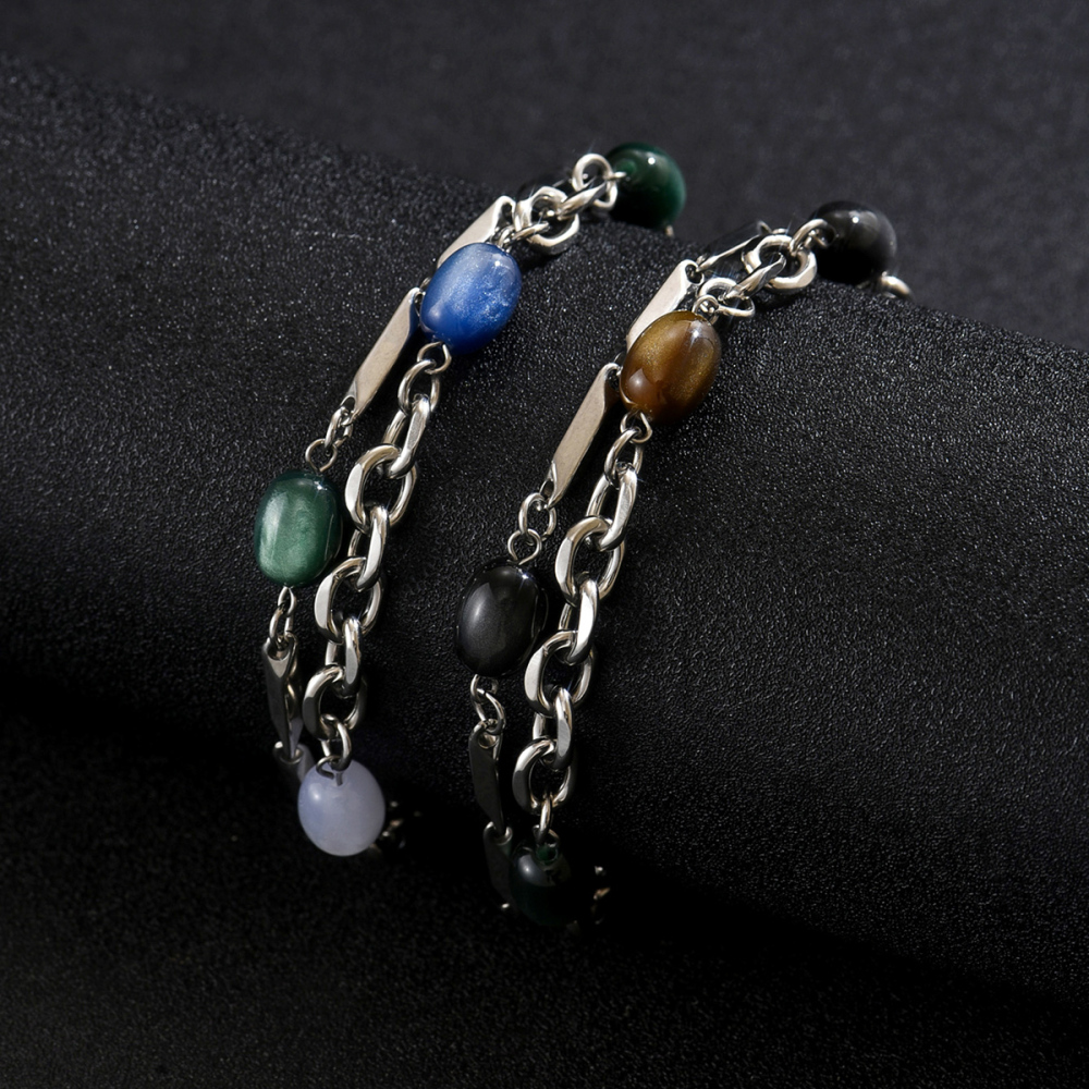 1 Piece 201 Stainless Steel Multicolor Stone Splicing Metal Chain Unisex Couple Bracelet Suitable For Couples, Best Friends, Parties, Gatherings, Vacations Jewelry Accessories
