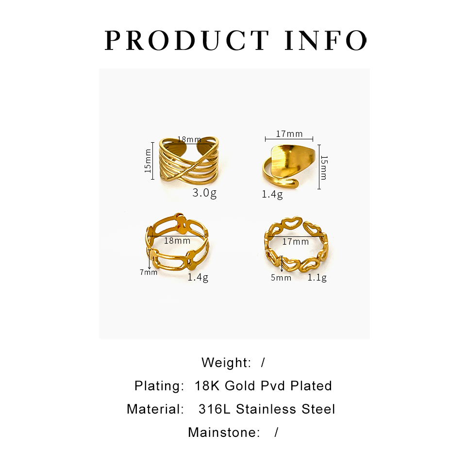 304 Stainless Steel Solid Color PVD Coated Real Gold Plated Simple Style Classic Style Waterproof Non Tarnish Surgical Steel Plating Gold Open Rings
