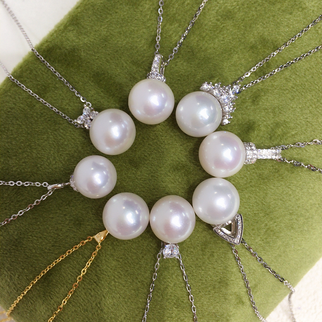 Natural Freshwater Pearl Necklace Single Bead Perfect Round Aurora Pearl Pendant S925 Sterling Silver Clavicle Chain Women's Style White