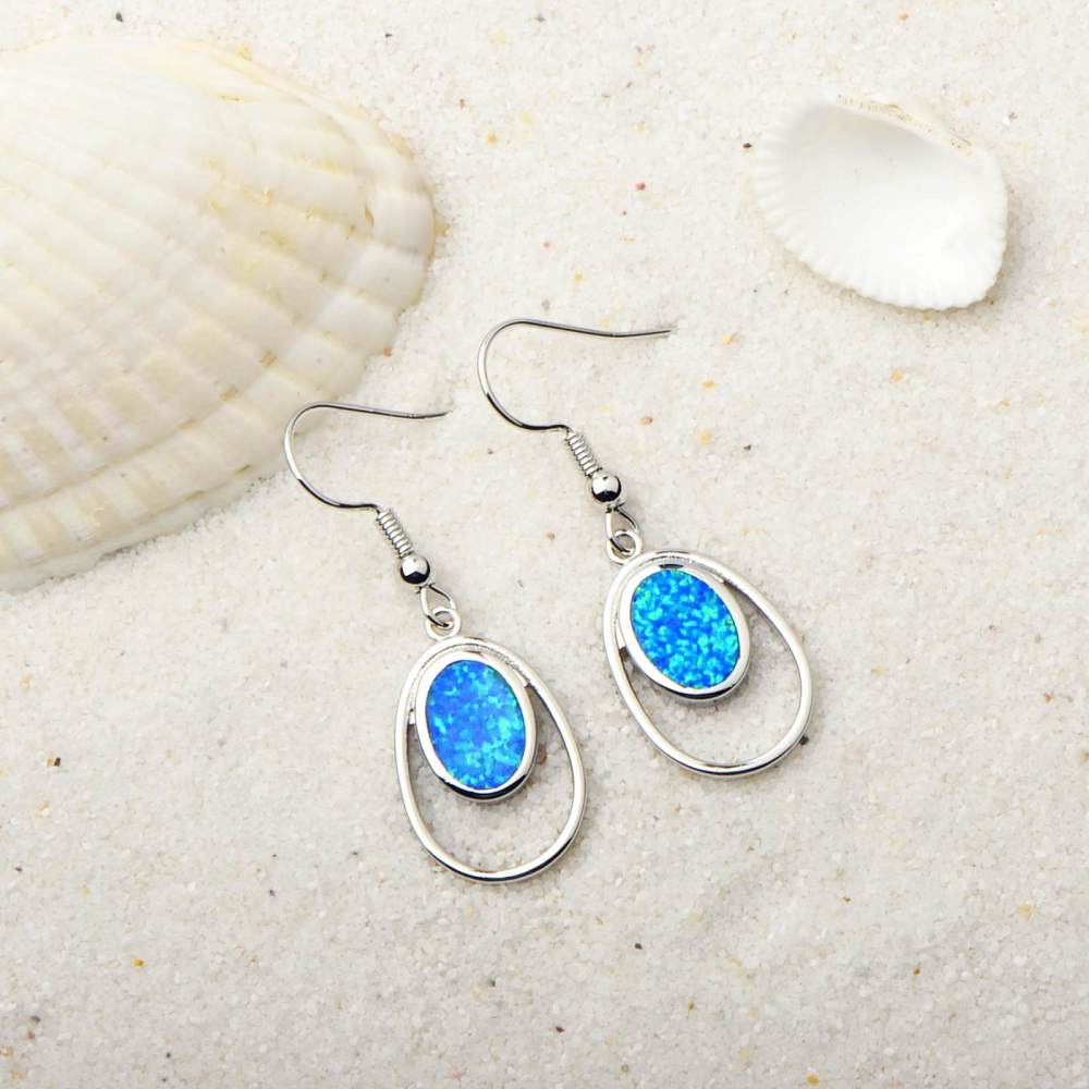 Oceanic Style Oval Opal Earrings For Girls Sweet Geometric Pattern Copper Jewelry Accessories TikTok Top Selling Ear Jewelry