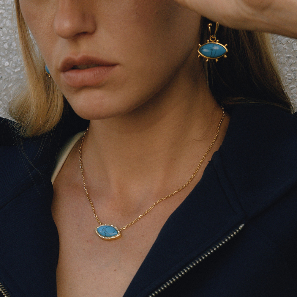 Ladies Vintage Style 18K Gold Plated Stainless Steel Turquoise Evil Eye Pendant Necklace Blue Lapis Lazuli Devil Eye Jewelry
