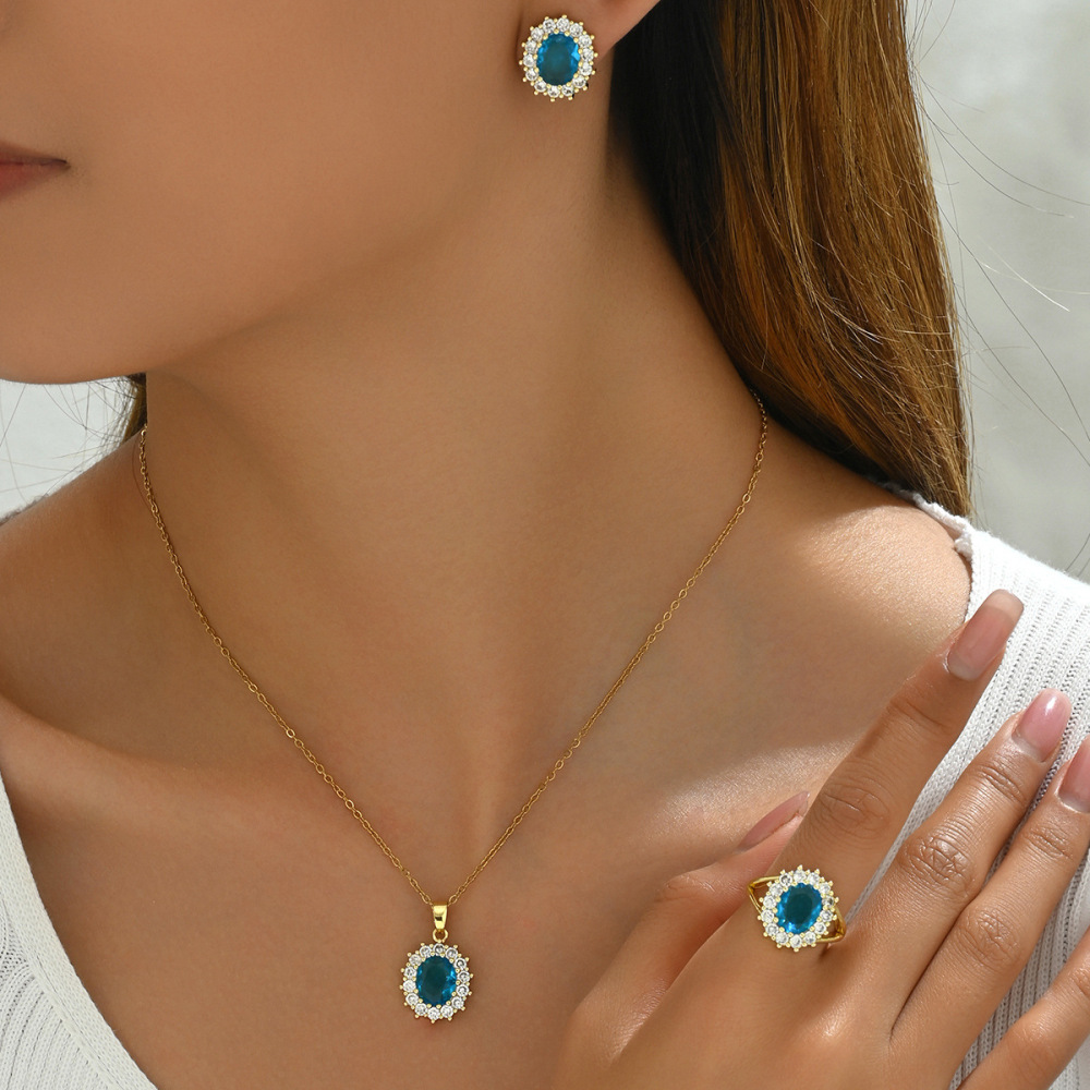 Elegant Blue Zirconia Jewelry Set  Style Necklace Earrings Rings Stainless Steel Luxury Accessories