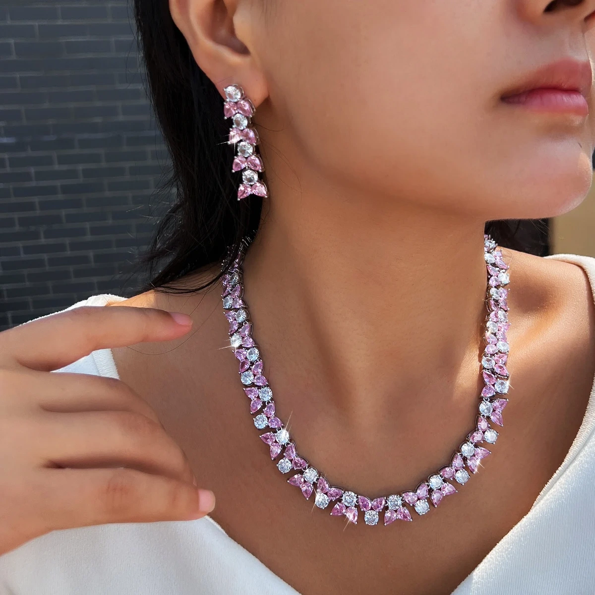 2-Piece Copper Jewelry Set Sweet Pink Cubic Zirconia Necklace Earrings Set Suitable For Women's Wedding/Engagement Occasions