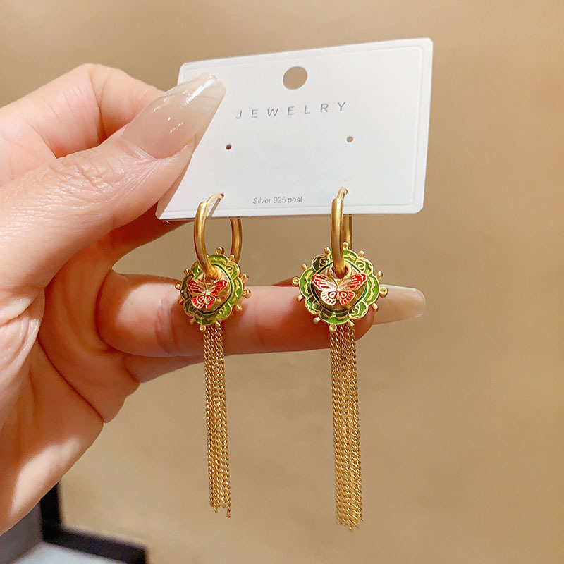 New Chinese Style National Trend Drip Glaze Long Tassel Women's Multi-Wear Drop Earrings Fashionable Versatile Copper Plated Geometric Pattern