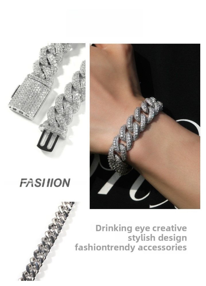 Men's Hip-Hop Bracelet High-End Texture Copper Inlaid Zirconia Gold-Plated Geometric Pattern Silver 18mm Cuban Chain Jewelry Box Clasp Personality