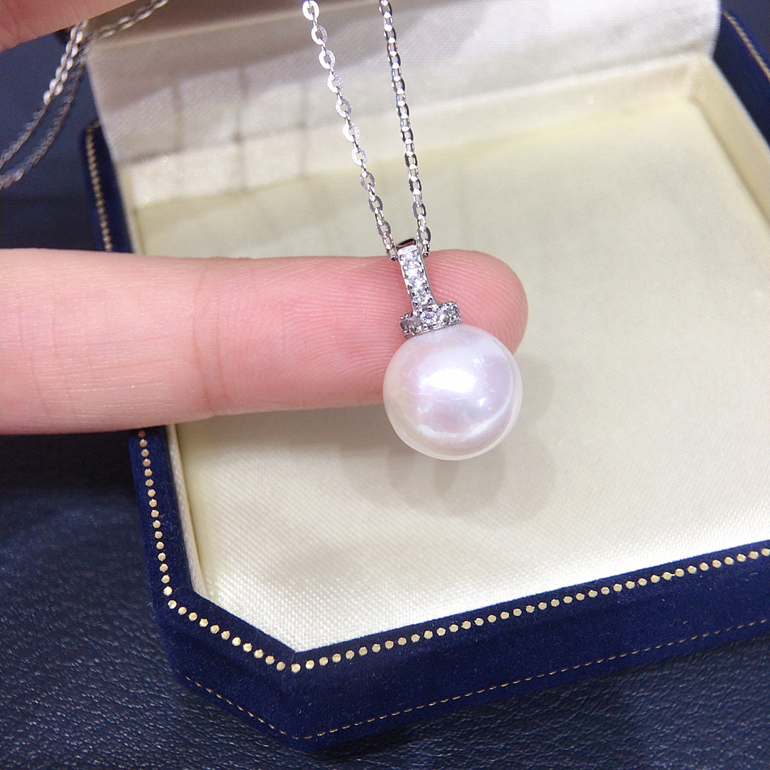 Natural Freshwater Pearl Necklace Single Bead Perfect Round Aurora Pearl Pendant S925 Sterling Silver Clavicle Chain Women's Style White