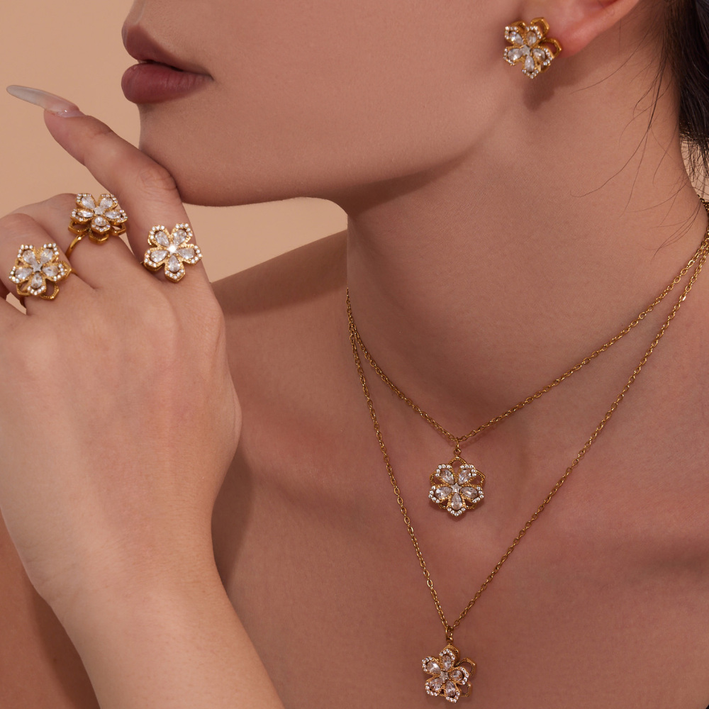 Lucky Flower Zircon 360 Degree Rotating Earrings Ring Necklace Set 18K Gold Plated Jewelry Accessories Elegant Luxury Romantic