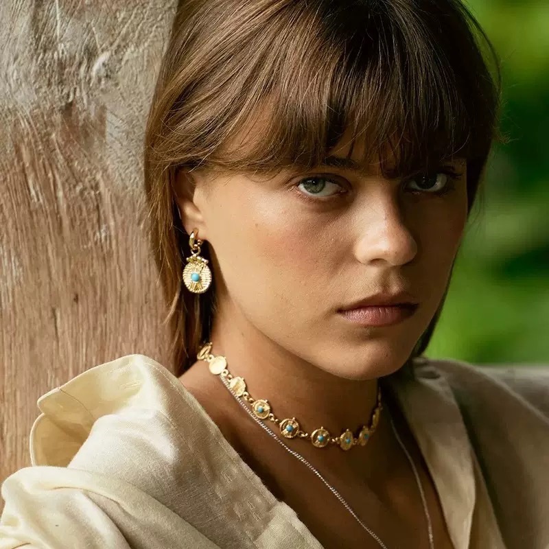 Retro Geometric Totem Green Turquoise Tiger Eye Gold Coin Earrings Women's High-End Feelings Ear Jewelry Fashion Accessories
