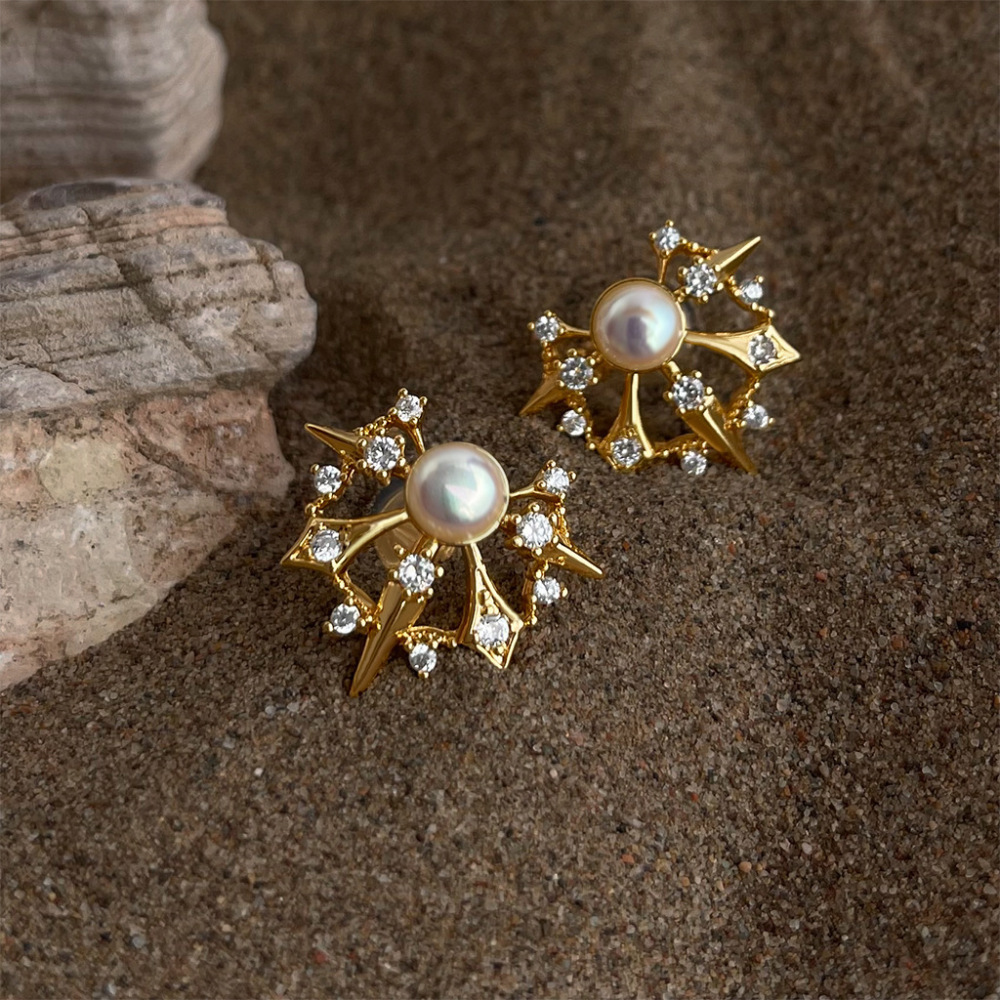 Designer Pearl Earrings Thick Plated 18K Gold Vintage Artistic Starburst Sensation Quality Female Sweet Style Jewelry Accessories