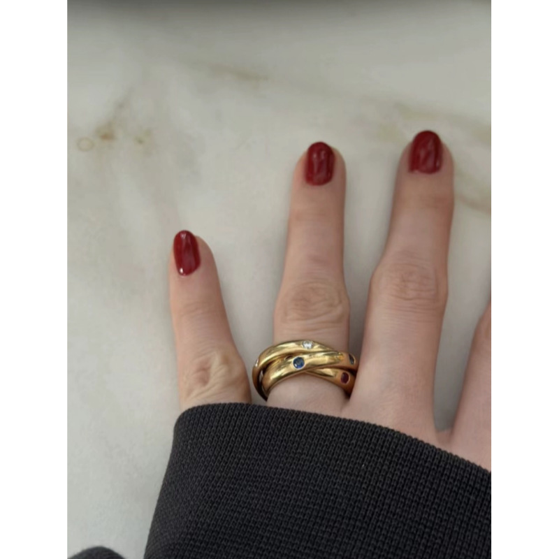 Classic Three- Ring Geometric Gemstone Rings Stylish Retro Fashionable Midi Rings Copper Material  Style