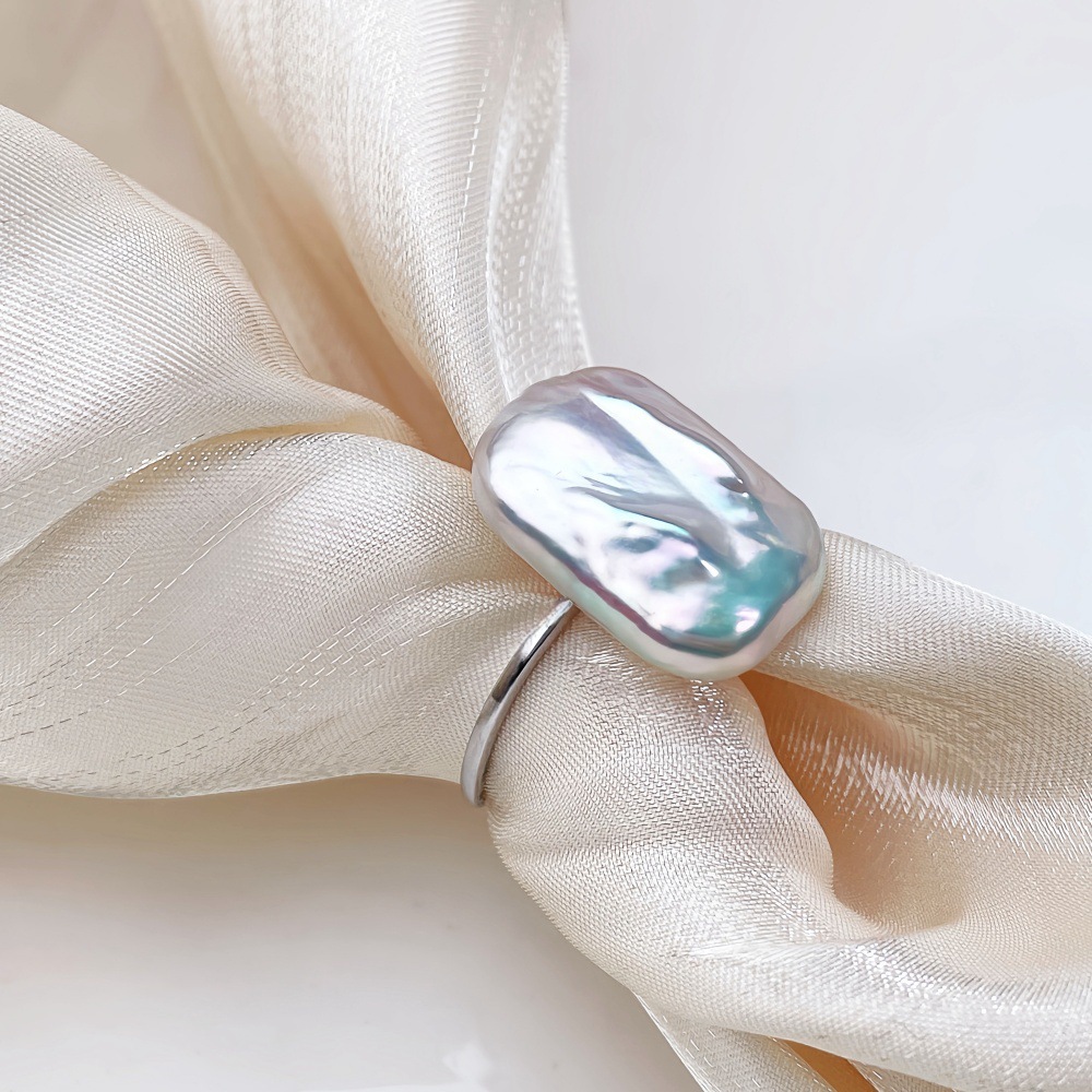 Baroque Style Pure Silver Earrings And Ring Set With Freshwater Pearl Square Design For Women Luxury Personality Jewelry Accessories