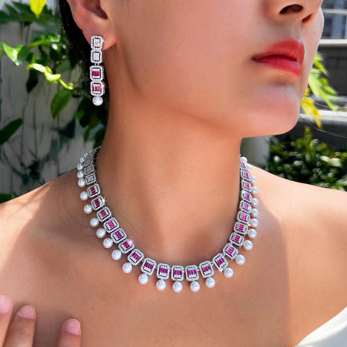 Gold Plated Bridal Jewelry Set 2 Pieces Pearl Rhinestone Necklace And Earrings Elegant Wedding Accessories For Women