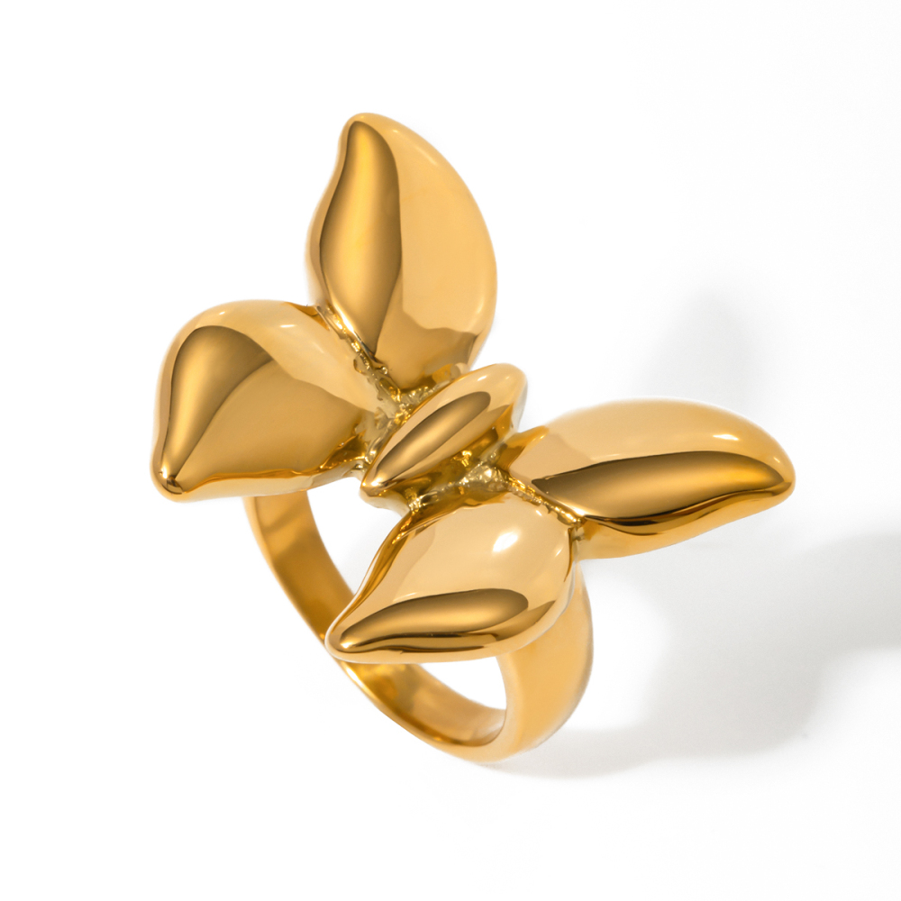 18K Gold Plated Stainless Steel Smooth Butterfly Ring Size 7 Vacuum Electroplating Butterfly Pattern Real Gold Coating