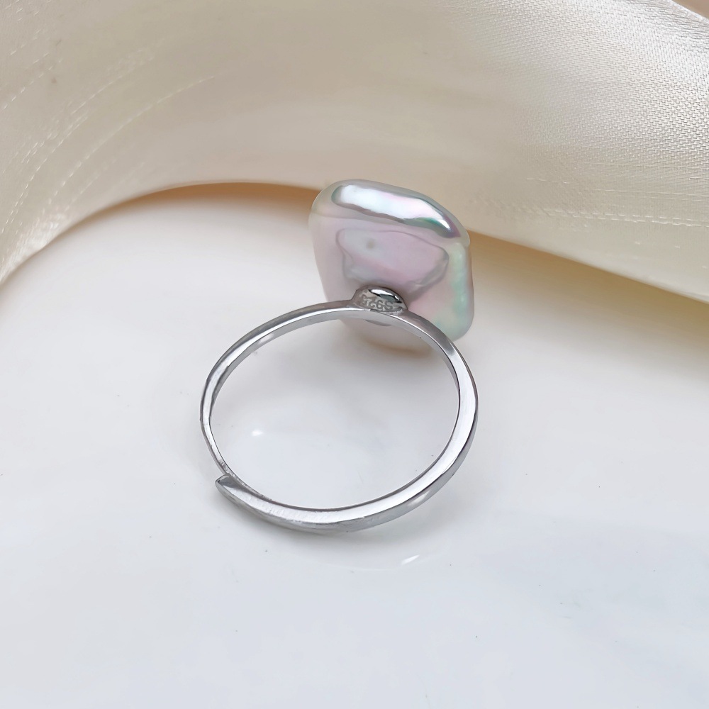 Baroque Style Pure Silver Earrings And Ring Set With Freshwater Pearl Square Design For Women Luxury Personality Jewelry Accessories