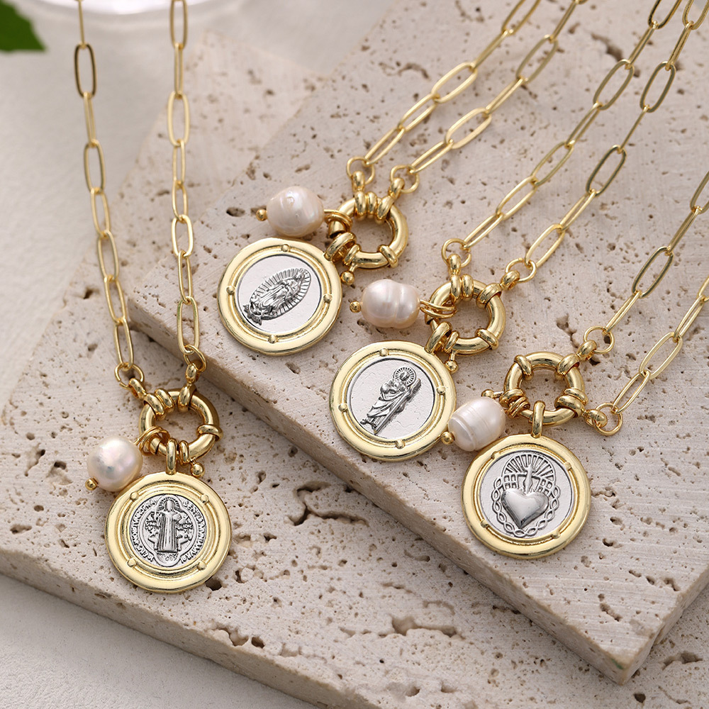 Elegant Retro Religious Geometric Round Mother Of Pearl Pendant Ring Necklace Jewelry Accessories For Women British Style