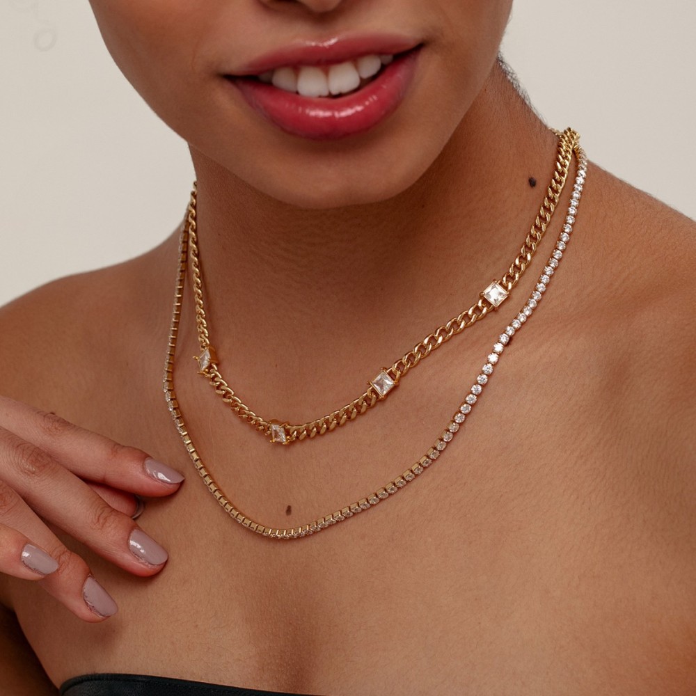 Double Layer Necklace Elegant Cuban Chain Zircon Necklace Versatile Fashionable Women's Party Commuting Accessories
