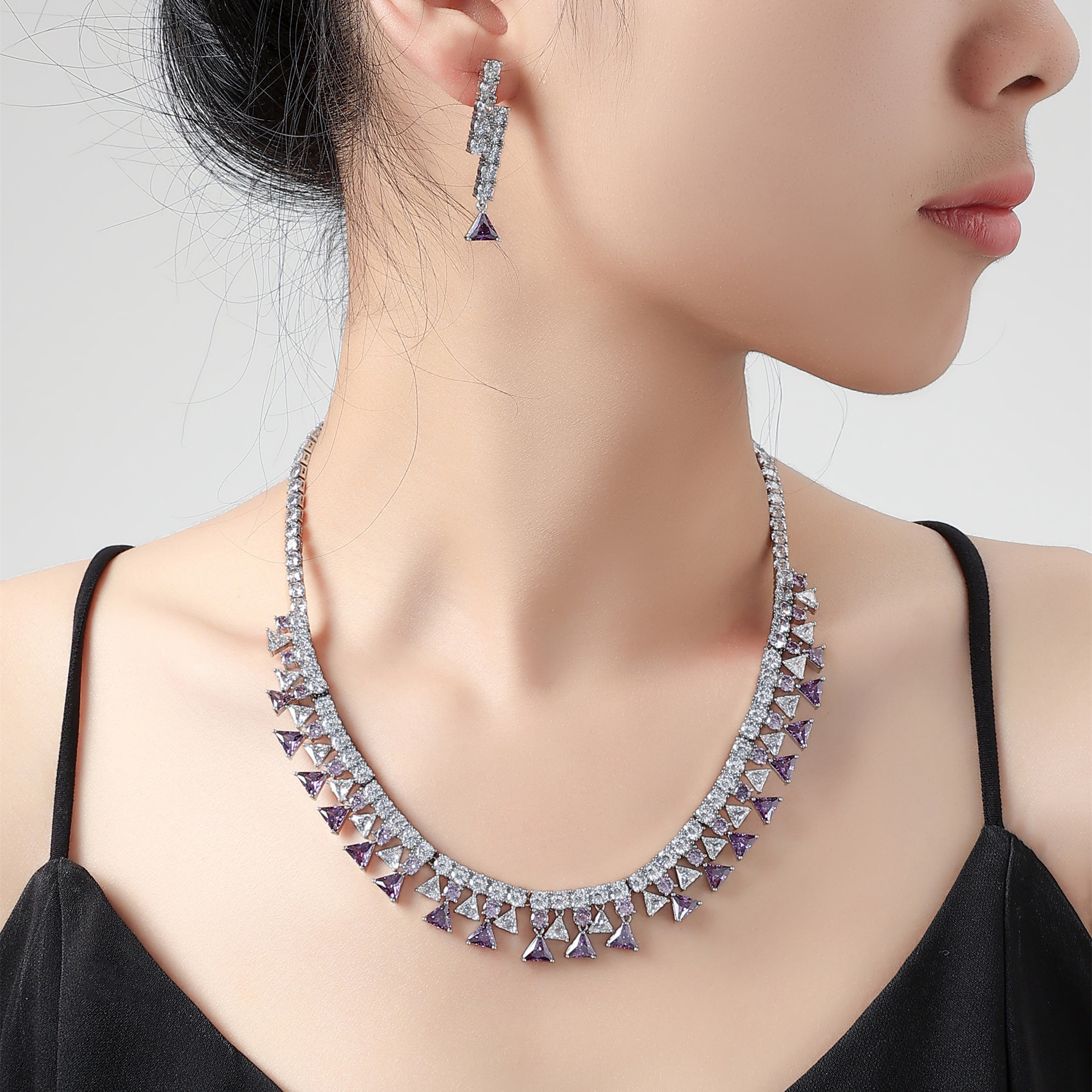 Elegant Women's Geometric Triangle Zircon Jewelry Set Sparkling Earrings Necklace Fashionable Minimalist Copper Alloy