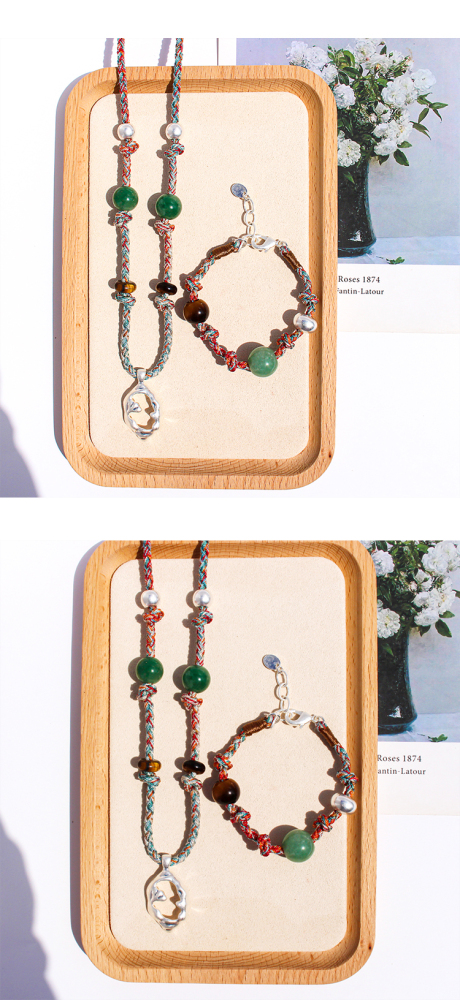 Handmade Colorful Beaded Natural Stone Necklace Liquid Silver Pendant Tiger Eye Stone Bracelet For Ladies Beach Vacation Style Accessories