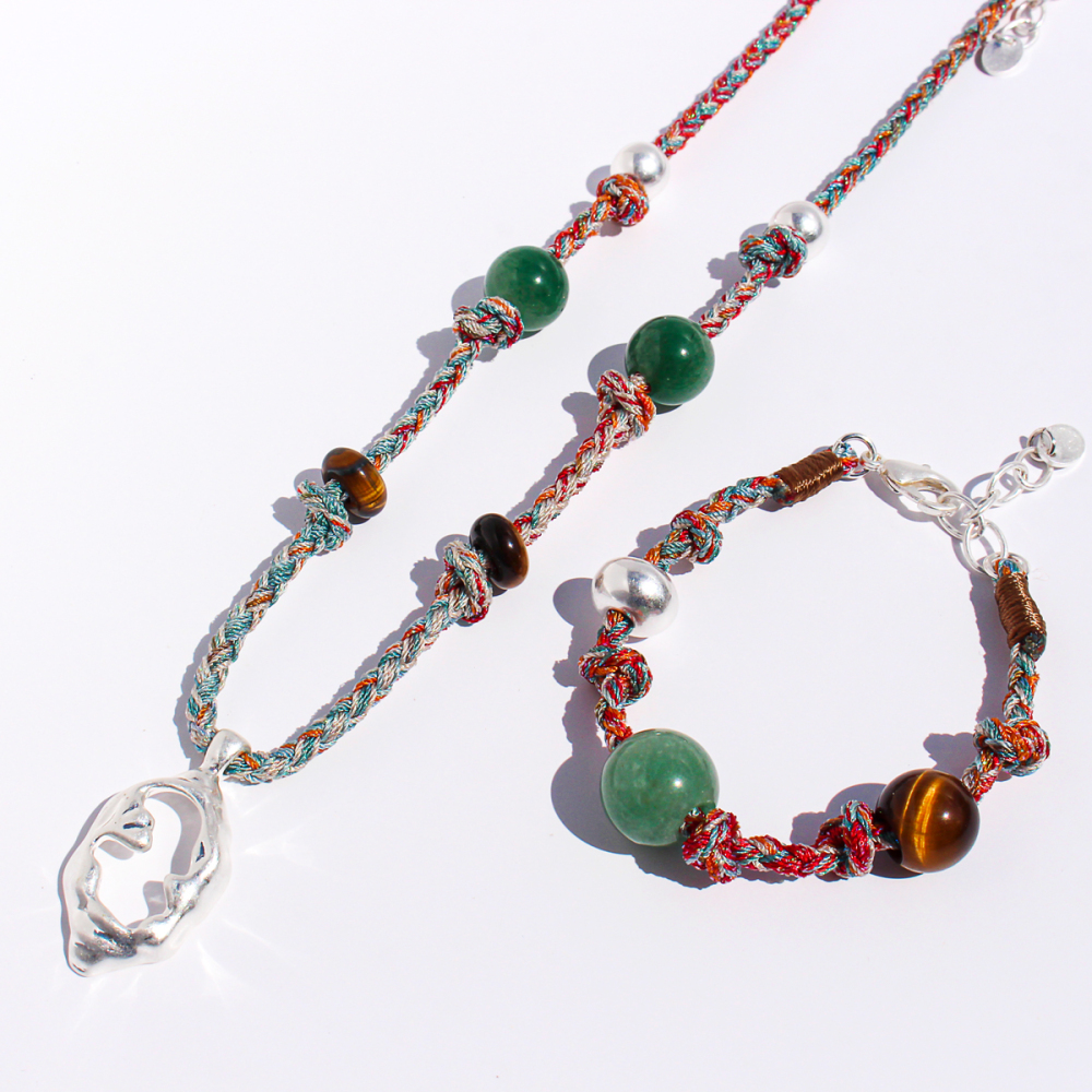 Handmade Colorful Beaded Natural Stone Necklace Liquid Silver Pendant Tiger Eye Stone Bracelet For Ladies Beach Vacation Style Accessories