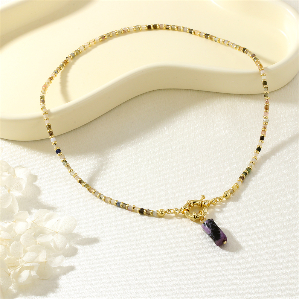 Vacation Classic Style Geometric Semi-precious Stone Tourmaline Copper Beaded Chain Pendant Necklace In Bulk
