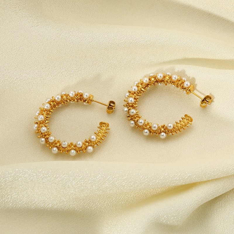 Exaggerated C-Shape Earrings Ins Luxury Bead Embedded Gold Plated Stainless Steel Waterproof Women's Jewelry Fashion Accessories