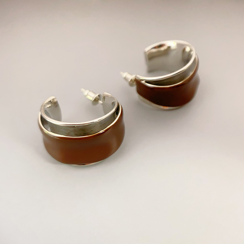 Fashionable Double Layer C-Shaped Enamel Drip Oil 925 Silver Needle Elegant Earrings Women's Jewelry Accessories Geometric Pattern