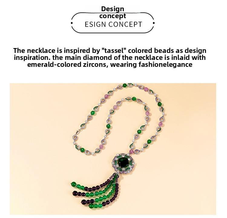 New Chinese Style Beaded Necklace 18K Gold Plated Emerald Tassel Luxury Sweater Chain Jewelry Simple Round Design Pendant