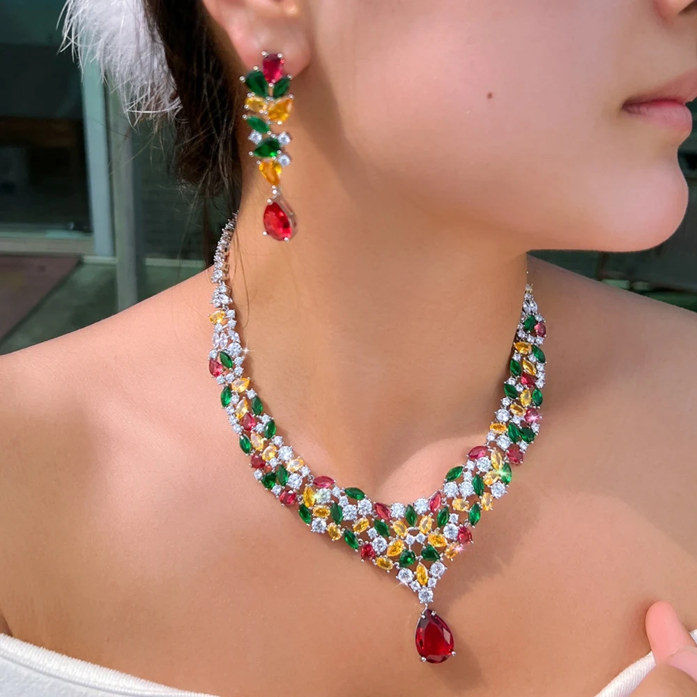 Copper Colorful Cubic Zirconia Necklace And Earrings Two-Piece Set Luxurious Water Drop Shaped Jewelry Set Suitable For Women Bridal Party Banquet Wedding Wear