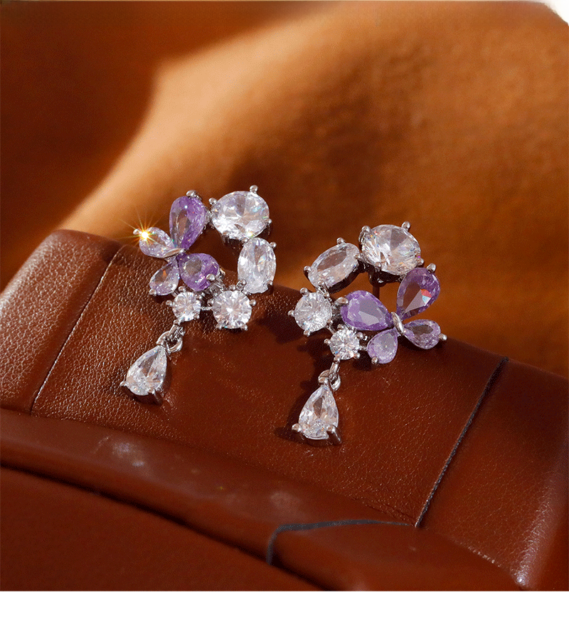 French Romantic Purple Flower Women's Earrings Ultra Sparkling Luxury Zircon Studs Versatile Fashion Jewelry Accessories