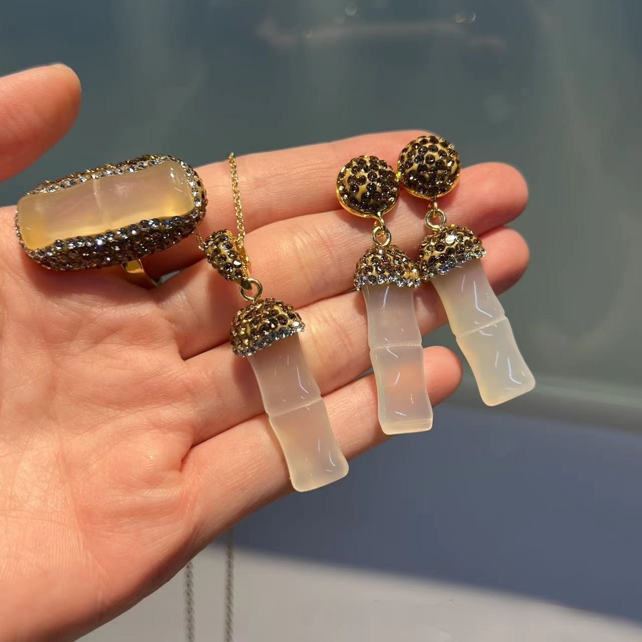 Handmade Natural Agate Bamboo Lucky Three-Piece Set Ethnic Style Czech Crystal Induction Wearing Accessories Luxury Copper