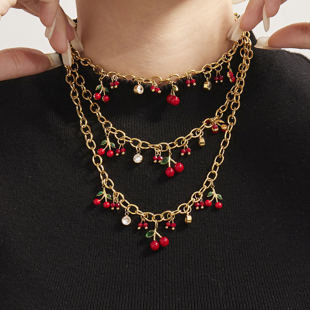 Stainless Steel Cherry Red Pearl Zirconia 18K Gold Plated Bracelet Necklace Set Versatile Personality Jewelry Accessories