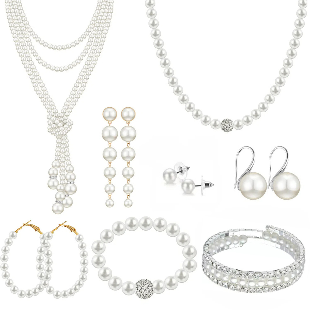 Elegant  Style Pearl Necklace Set Simple Fashionable Eight Piece Set Vintage Light Luxury Jewelry Accessories