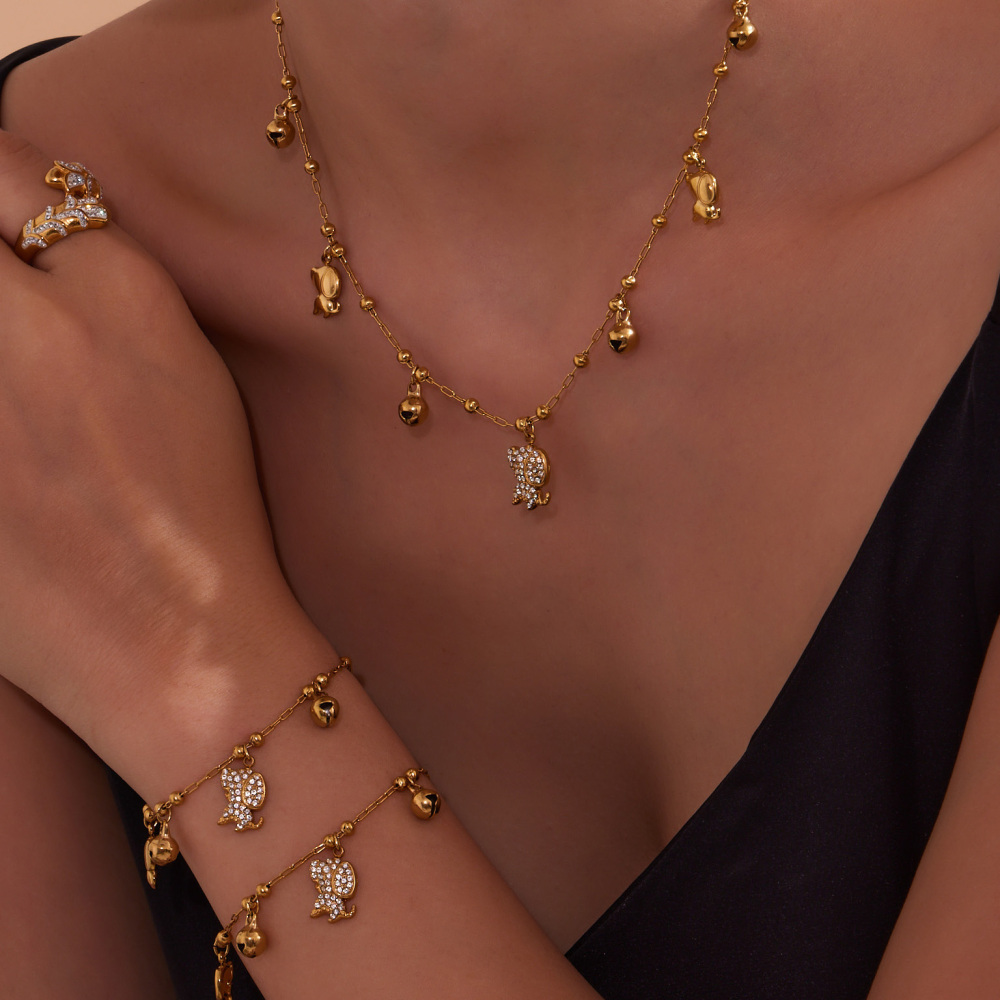 Stainless Steel Dog Zircon Necklace Bracelet DIY Multi Pendant Bell Luxury Versatile Jewelry Accessories Elegant Romantic