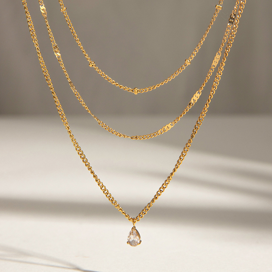 304 Stainless Steel Geometric PVD Coated 18K Real Gold Plated Simple Style Classic Style Cable Chain Three Layer Necklace
