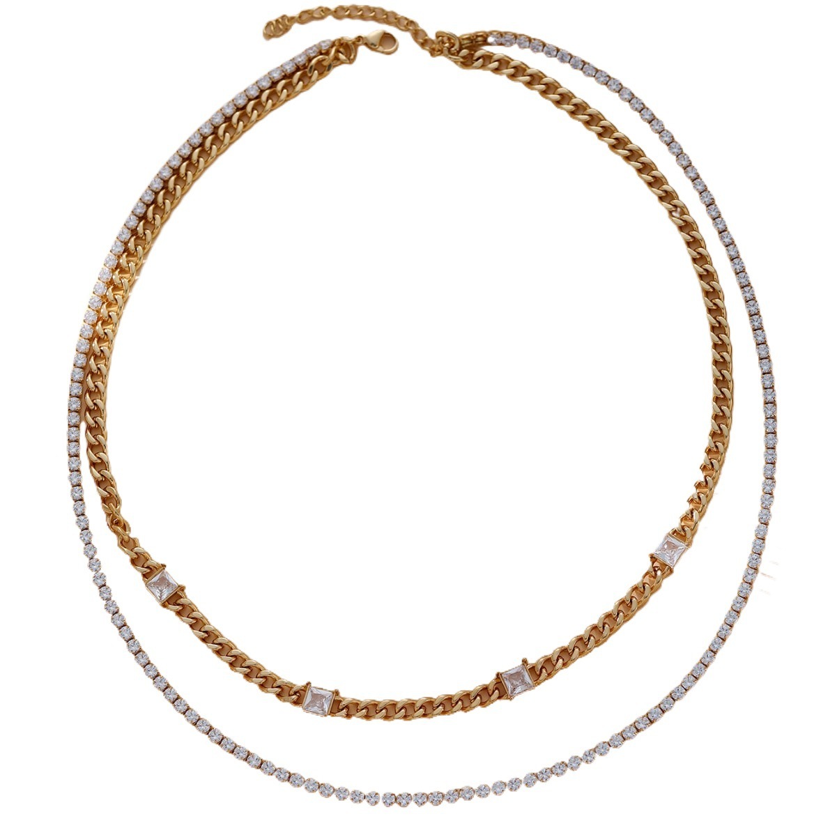 Double Layer Necklace Elegant Cuban Chain Zircon Necklace Versatile Fashionable Women's Party Commuting Accessories