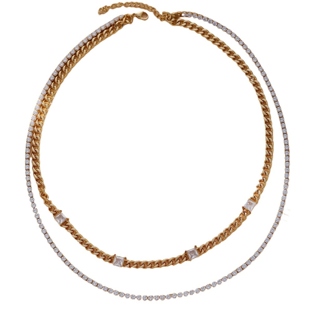 Double Layer Necklace Elegant Cuban Chain Zircon Necklace Versatile Fashionable Women's Party Commuting Accessories