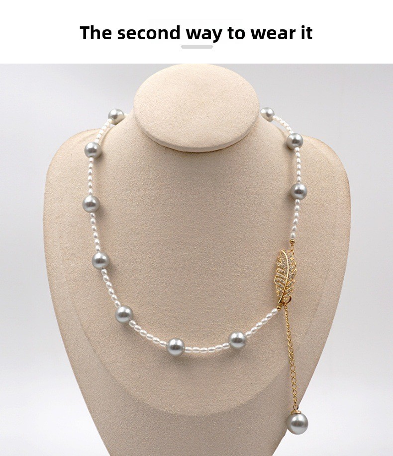 Grey Pearl Feather Y-Shape Sweater Chain Asymmetrical Multi-Ways Long Necklace Women's Fashion Accessories Handmade Craft
