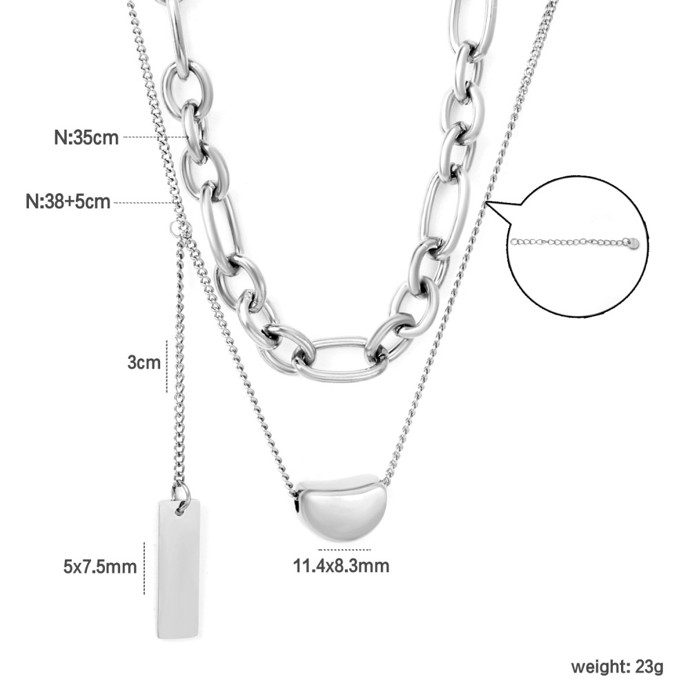 Double Chain Necklace For Women Stainless Steel Bean Shape Versatile 18K Gold Plated Geometric Pattern Ins Style Jewelry Accessories