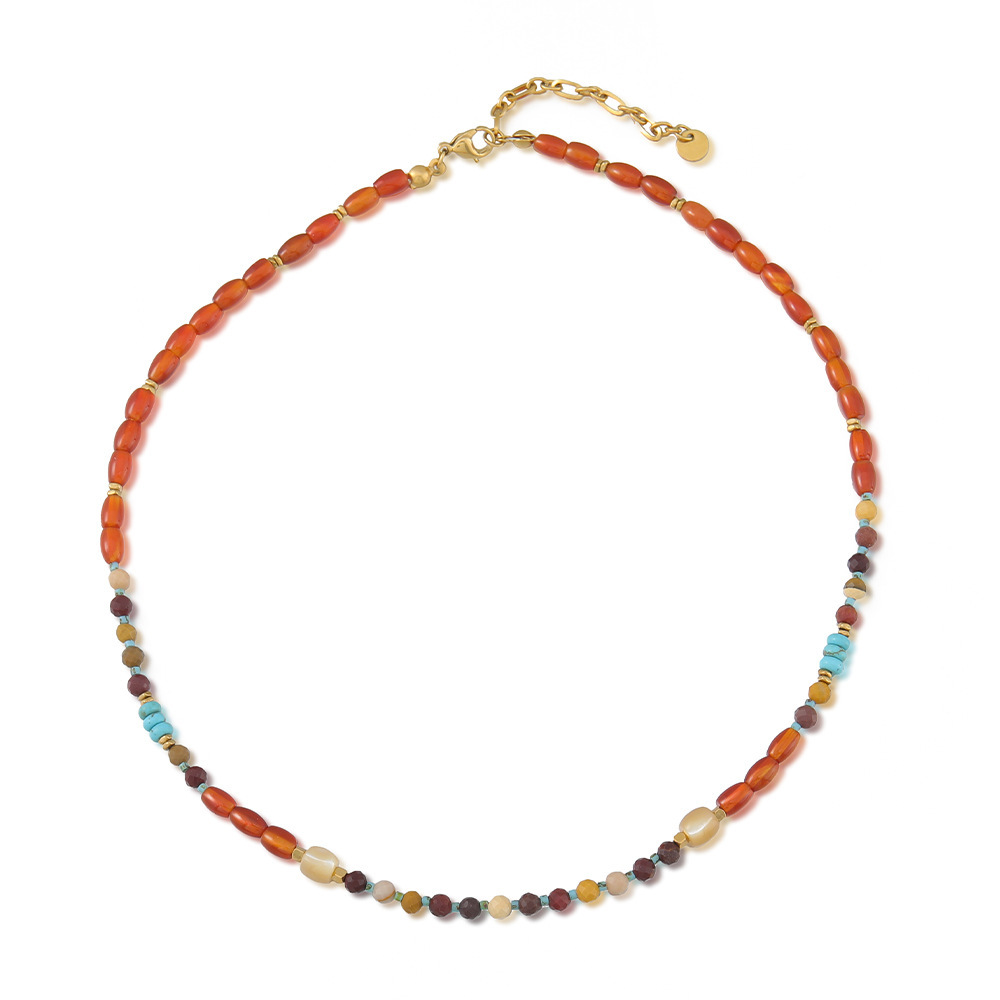 Natural Stone Agate Necklace Women's Hanfu Accessories New Chinese Style Sweater Chain Geometric Pattern Oval Shape Beads Design