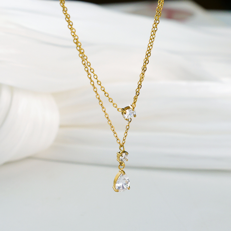 New Smart Water Drop Diamond Necklace Stainless Steel Plated 18K Gold Double Layer Clavicle Chain Autumn And Winter Sweater Coat Accessories