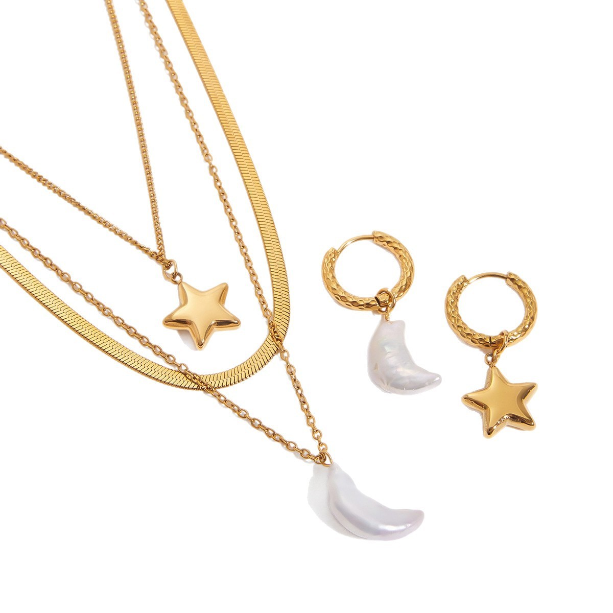 Minimalist Double Layer Star And Moon Necklace For Women Simple Cool Accessories Zinc Alloy Acrylic Pendant