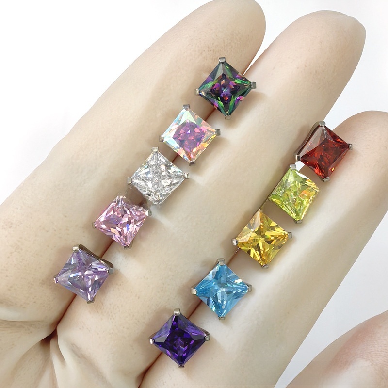 Titanium Alloy Ear Studs Claw Set Square Sugar 5A Zirconia Threaded Ear Bone Studs G23 Titanium Wedding Birthday Festival Jewelry Accessories